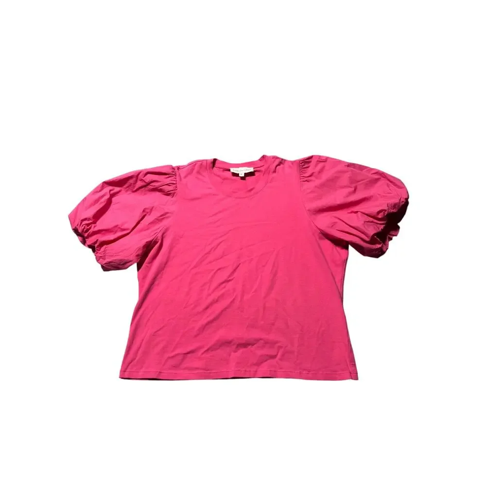 Love The Label Blouse Top Womens XL Fuchsia Pink Stretch Puff Sleeve Classic